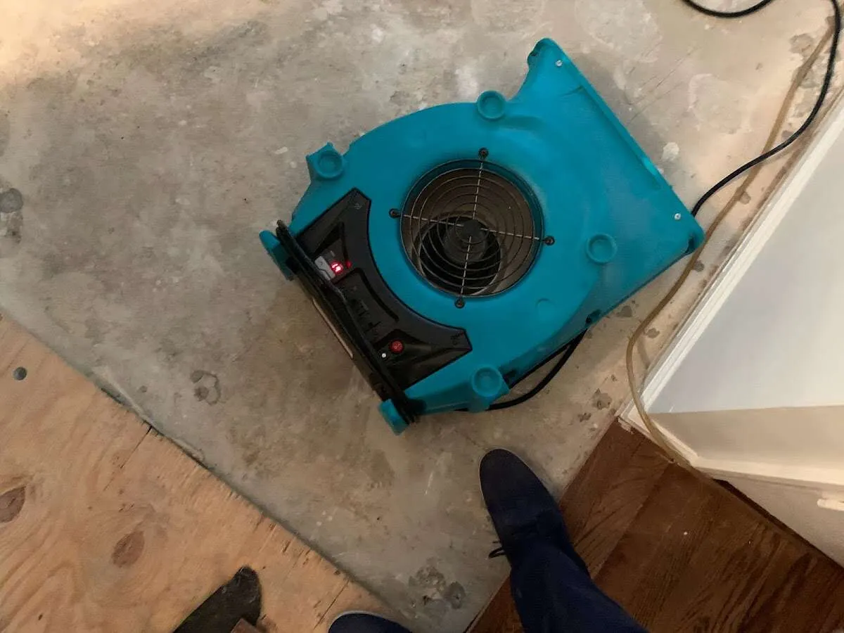 Air mover drying subfloor during Leak Detection & Repair in Chesapeake